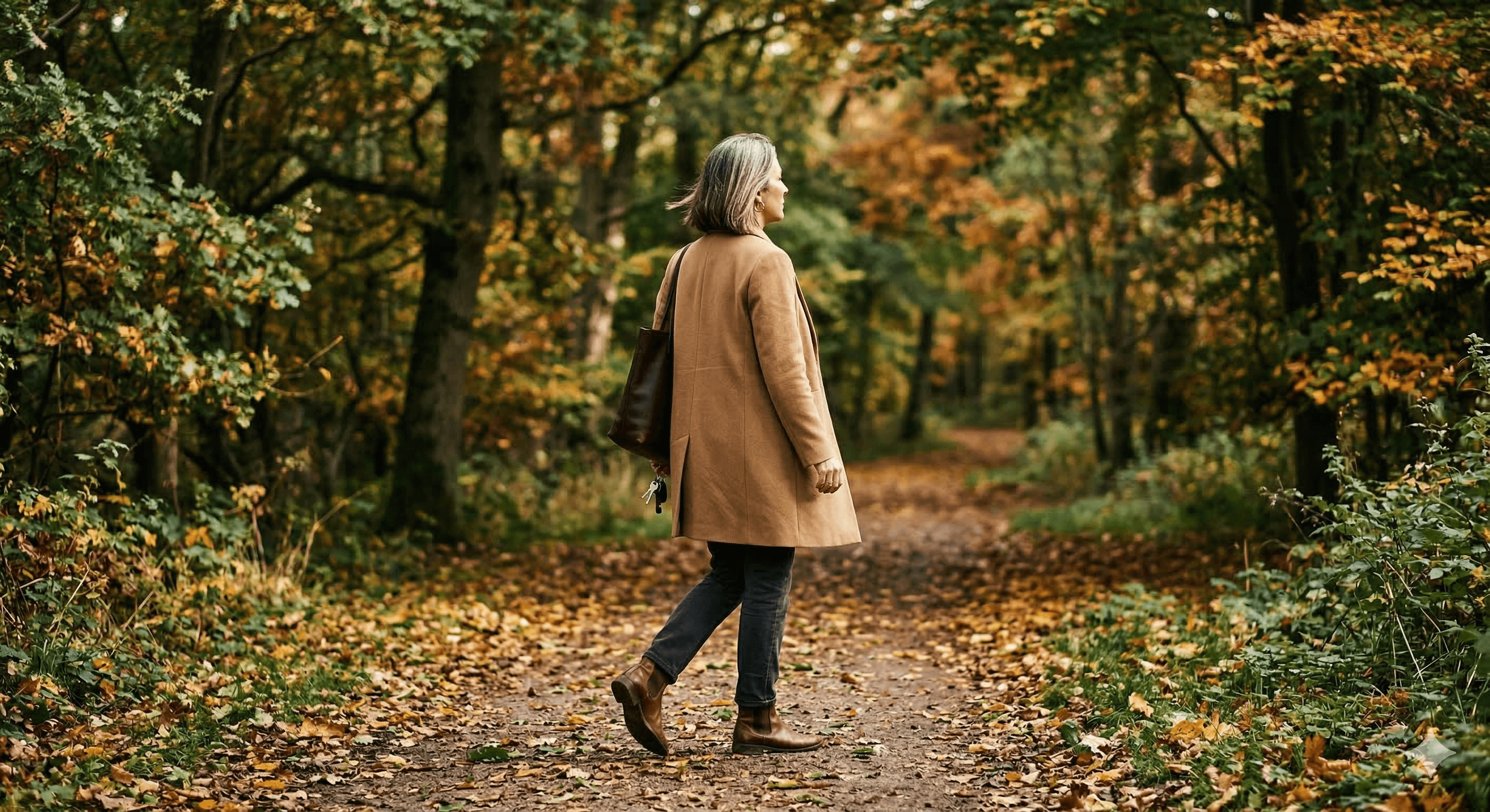 Woman in her late 40s walking outdoors in warm natural light — relaxed, present, at ease